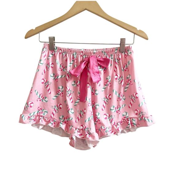 Candy Cane Pajama Set Collared Button Front & Shorts Size Medium Pink Holiday - Picture 2 of 8